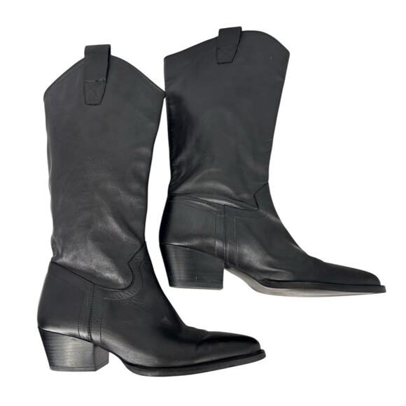 Zara Tall Western Leather Boots Black Womens Size 7.5 Point Toe Cowgirl - Picture 7 of 16
